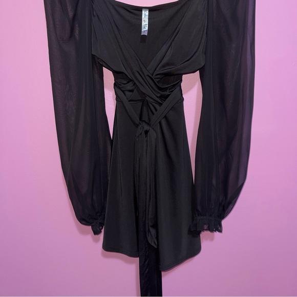 Lucy In The Sky Dress Women's Size Large Black Puff Chiffon Wrap A-Line Mini - Picture 5 of 13